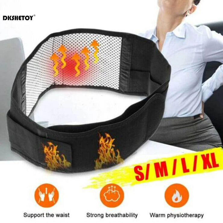 Adjustable waist support wraps featuring self-heating technology for lower back pain relief and stability.