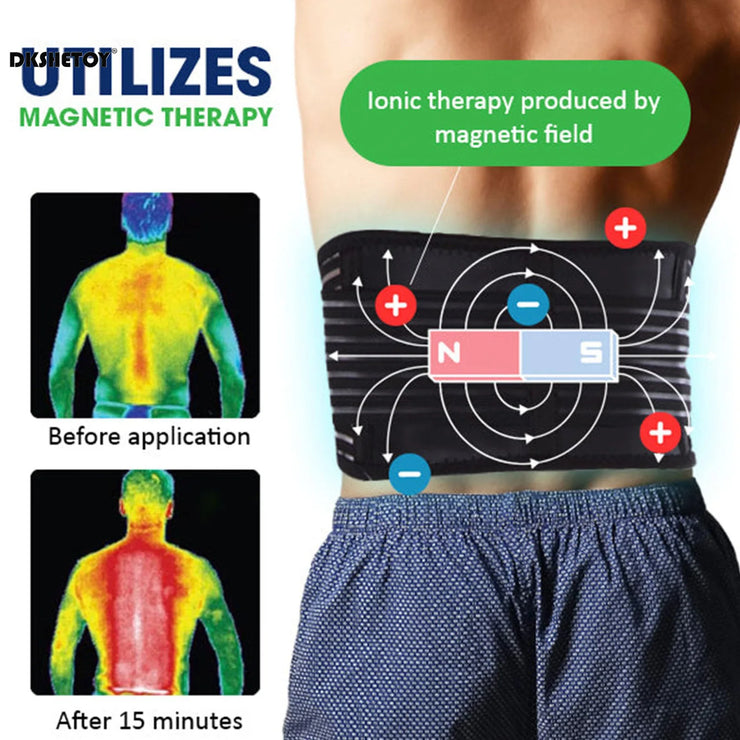 Adjustable waist support wraps showcasing magnetic therapy before and after application results.